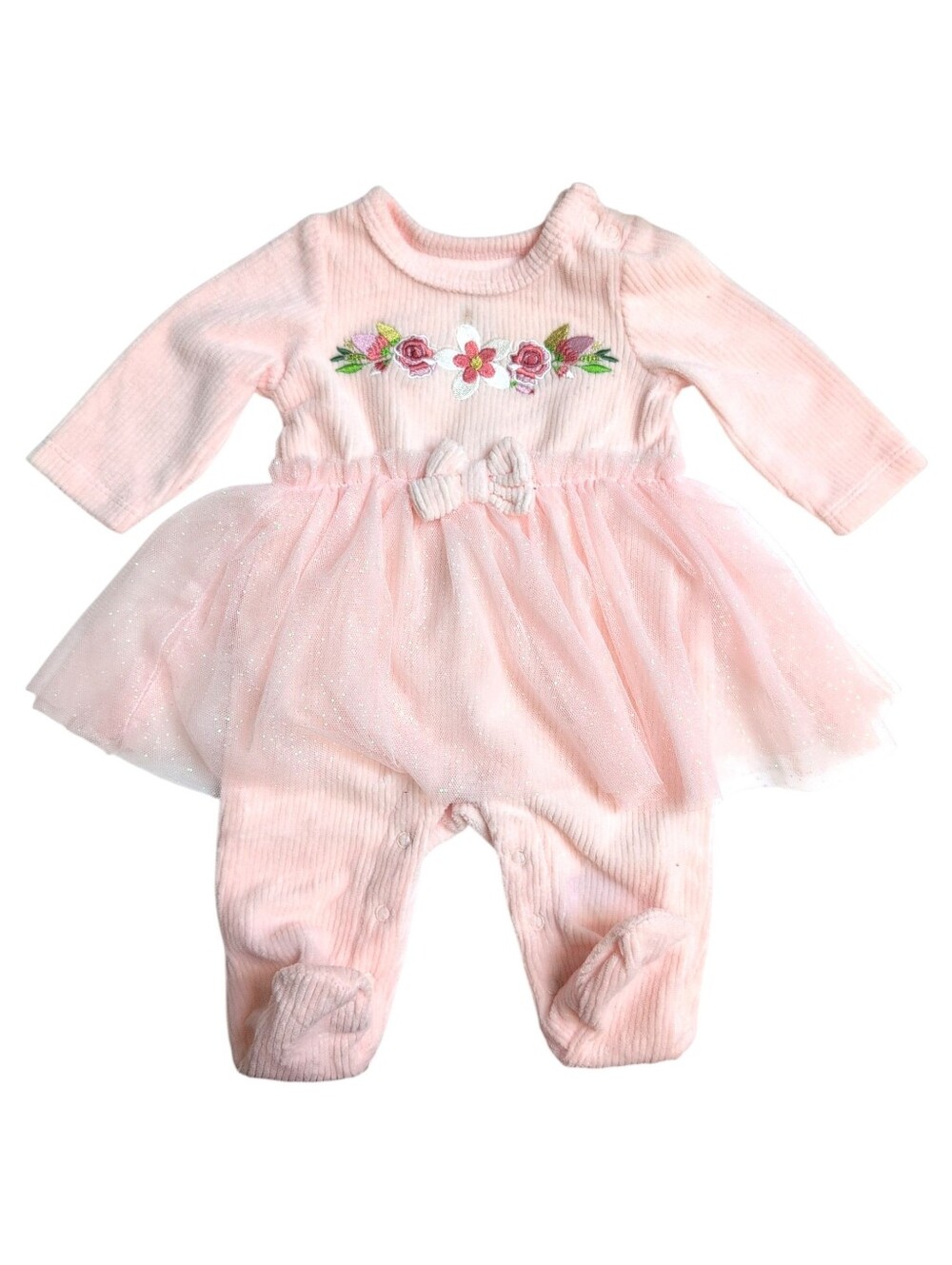 BABY STARTERS Skirted Pink Velvet Velour Footie With Flower Embroidery